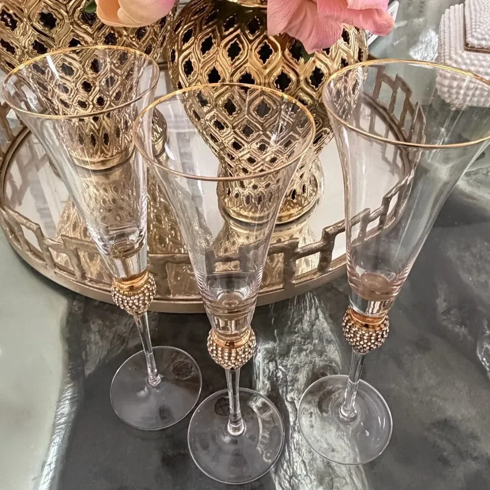 Set of 3 Z Gallerie Elegant Gold and Clear Champagne Flutes